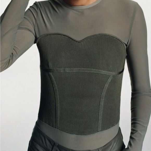 Zara Khaki Mesh Knit Long Sleeve Bodysuit - Picture 2 of 9